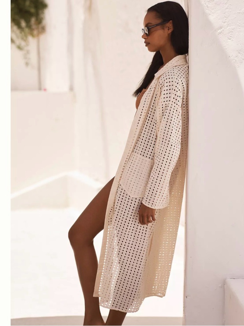 By Anthropologie Collared Eyelet Duster jacket in a cream Resortwear one size - Picture 2 of 9
